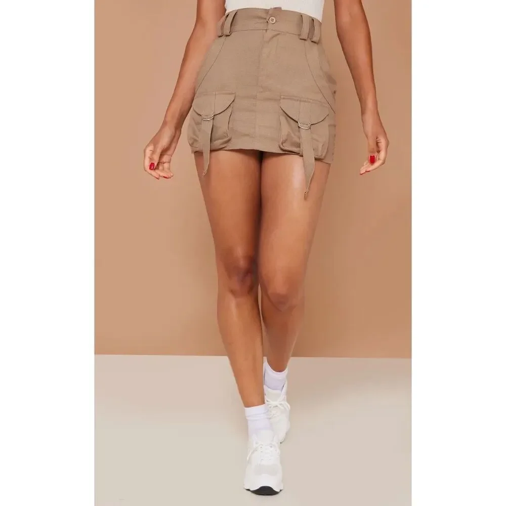 NWT prettylittlething cargo skirt micro mini skirt buckles straps front pockets